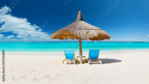 Beach chairs with umbrella and beautiful sand beach. AI Generative.