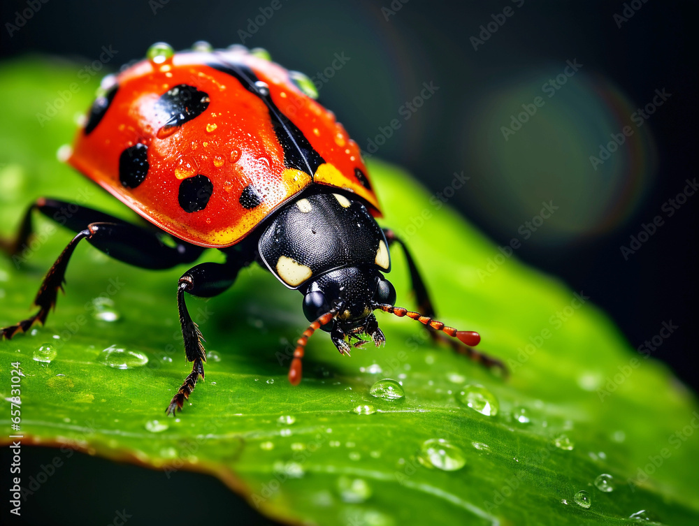 Marco red ladybug common black spotted ladybird on a green leaf blurry background Marco red ladybug common black spotted ladybird on a green leaf blurry background