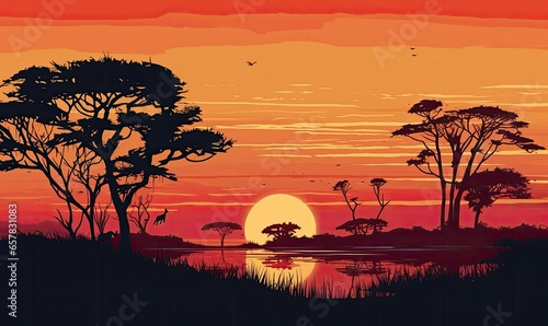 Sunset in an African nature reserve showing silhouettes of trees