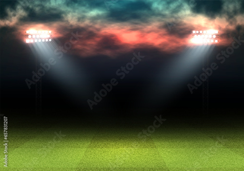 Football stadium with green field illuminated by spotlights. Vector template for your design.