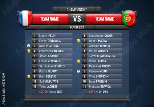 Sport scoreboard with team list and logo. Vector template for your design.