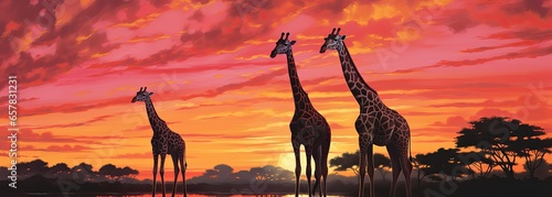 landscape of giraffe silhouettes at sunset photo