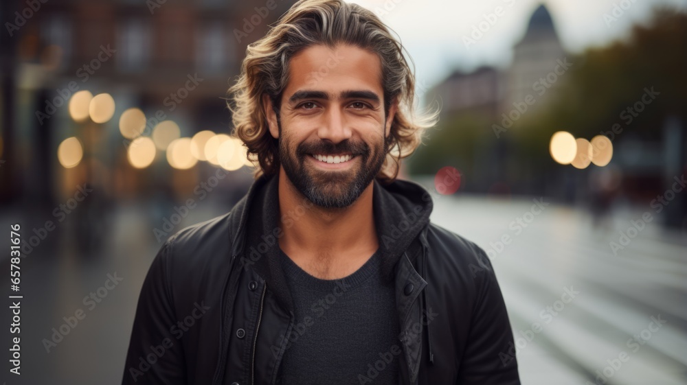 Smiling Adult Persian Man with Blond Straight Hair Photo. Portrait of Casual Person in City Street. Photorealistic Ai Generated Horizontal Illustration.. Smiling Adult Persian Man with Blond Straight Hair Photo. Portrait of Casual Person in City Street. Photorealistic Ai Generated Horizontal Illustration..