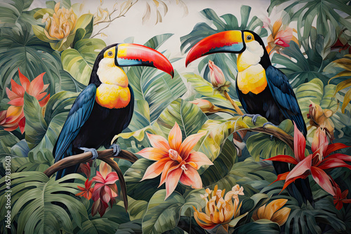 Toucans on colorful background with plants