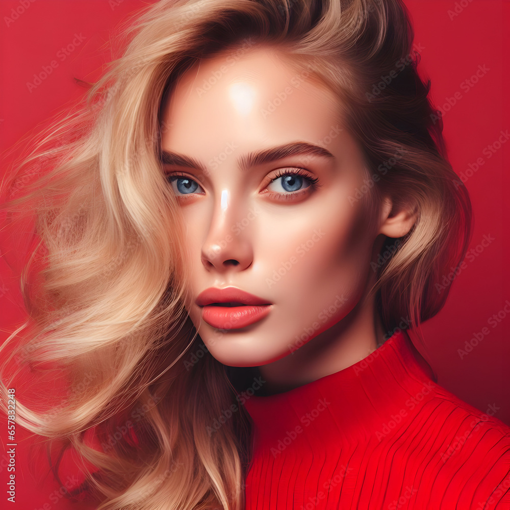 Portrait of a woman sensual American model, blonde hair and blue eyes, clothes and background in red