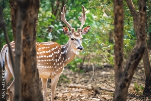 Chital or cheetal, Axis axis, spotted deers or axis deer in nature habitat. Bellow majestic powerful adult animals. © idaline!