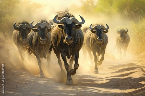 Wildebeests running through the savannah.