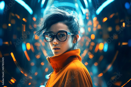 Futuristic portrait of a woman wearing eyeglasses, representing the integration of technology and business in the modern world. fusion of technology and entrepreneurship in the digital age photo