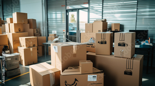 A large stack of cardboard boxes lies inside the office. ai generative © Oleksandr