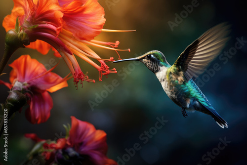 Hummingbird sipping nectar from a colorful flower