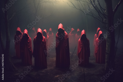 Group of mystery people in a red hooded cloaks in the forest. Generative Ai photo