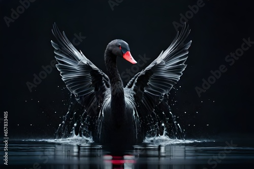 Portrait of a black swan (Cygnus atratus) with a black background. © Fahad