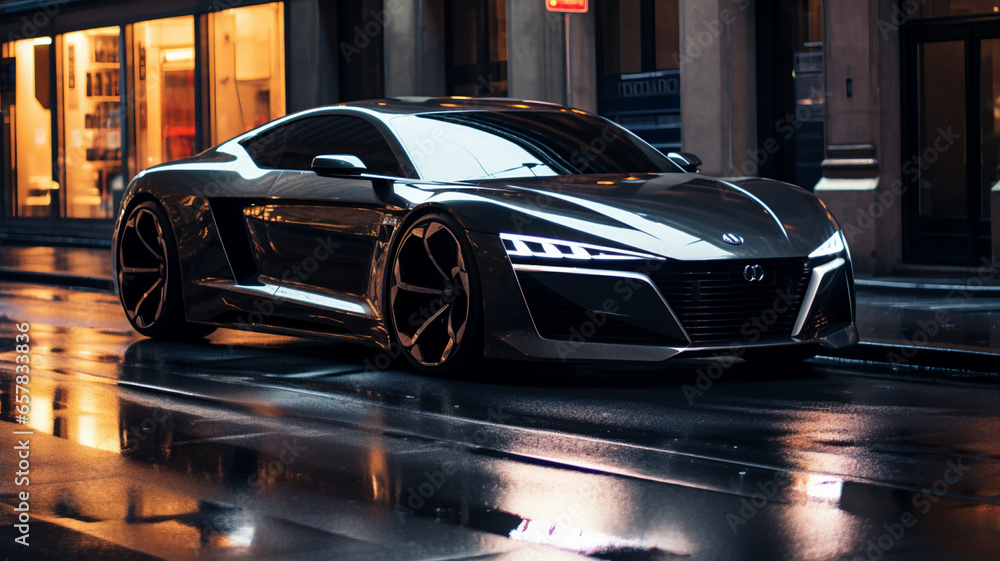 A sleek black sports car parked in an empty city street at night. AI Generative.