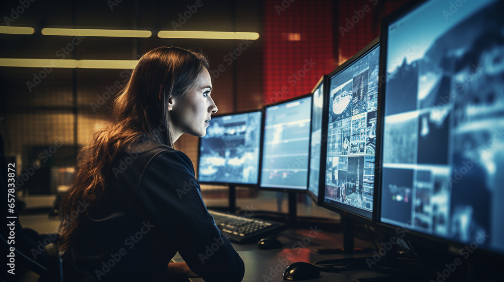 Security control room, workstation, monitoring room with security data center. a woman observes the situation on the monitor screen. ai generative - obrazy, fototapety, plakaty 
