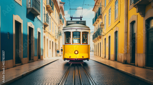 Yellow tram moving past yellow building in Lisbon, Portugal. ai generative
