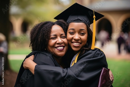 The jubilation of a successful graduation as a proud mother embraces her daughter, a black college graduate.