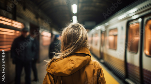 Woman watching the subway passing. ai generative
