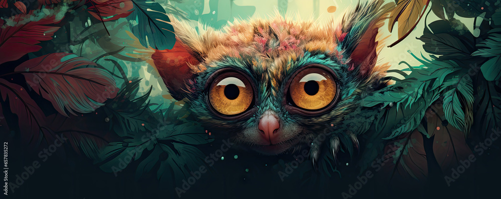 Tarsier against a vibrant and dynamic tropical background Tarsier against a vibrant and dynamic tropical background