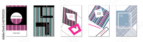 Geometric cover design, set of 5 covers. Abstract unusual background in Memphis style. Bright geometric shapes in random order