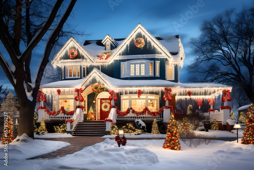 A House Illuminated with Festive Holiday Christmas Lights