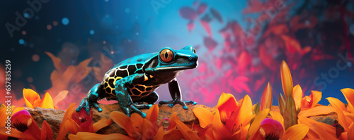Close-up of a poison dart frog against a dynamic and colorful tropical background