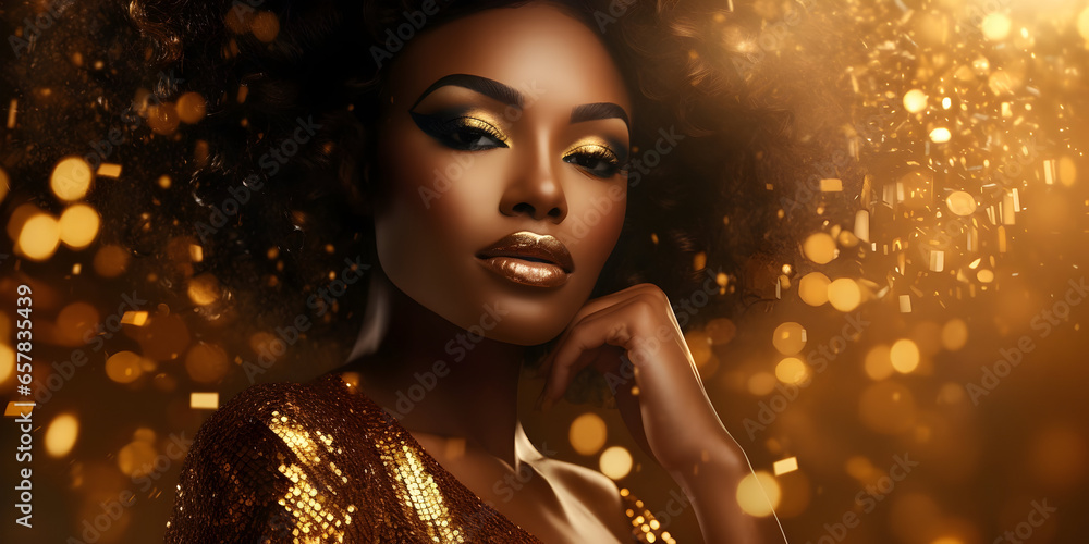 African American Woman in a Glamorous Golden Dress, Set Against a Sparkling Golden Background – Luxury and Premium Photography for Product Advertising and Design African American Woman in a Glamorous Golden Dress, Set Against a Sparkling Golden Background – Luxury and Premium Photography for Product Advertising and Design