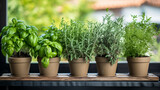 Fresh green herbs, basil, rosemary and coriander in pots placed on a window. ai generative