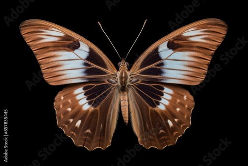 A Small Brown Cbutterfly Sucking Honey on White Flowers. Its Wings are Broken, with many Peeling Spots photo