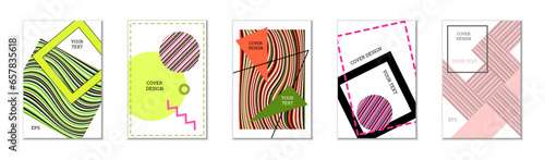 Geometric cover design, set of 5 covers. Abstract unusual background in Memphis style. Bright geometric shapes in random order