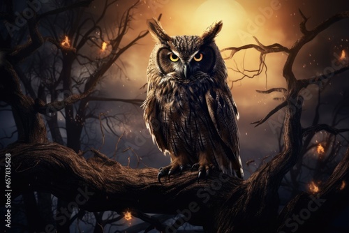 Night Owl. Haunting Halloween: Owl Illuminated by Full Moon in Moonlit Darkness. Midnight Magic and Seasonal Skittishness. photo