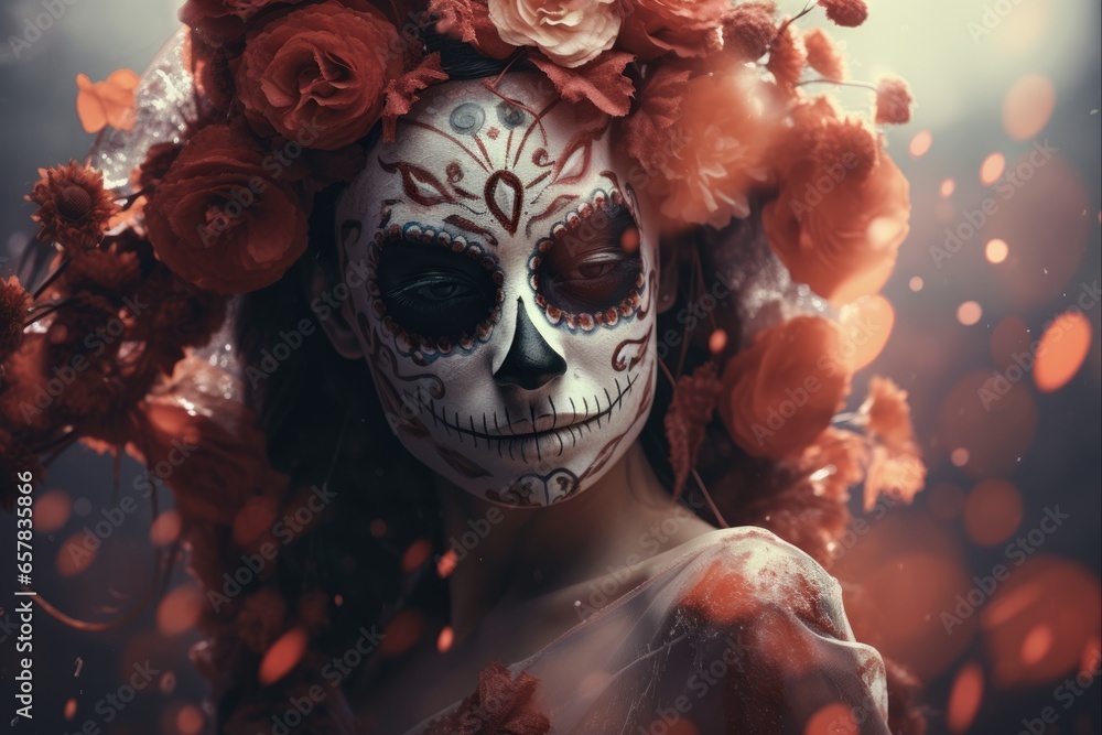 Scary Skull Mask. Woman with Sugar Skull Makeup for Dia de los Muertos and Halloween