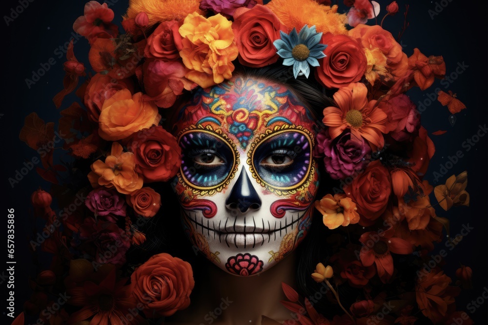 Scary Skull Mask: Woman with Dia de los Muertos Make-Up for Halloween