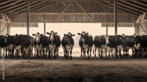 Cows in a row grazing in a barn. ai generative photo