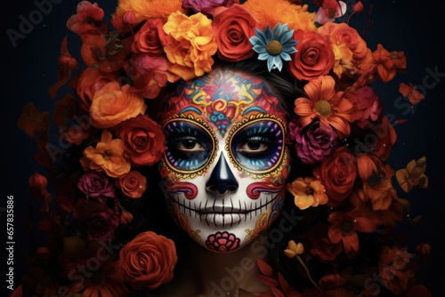Scary Skull Mask: Woman with Dia de los Muertos Make-Up for Halloween © Alona