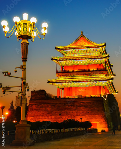 View of the historic gate in Beijing's city wall located at the south of Tiananmen Square at sunset in Beijing, China. 