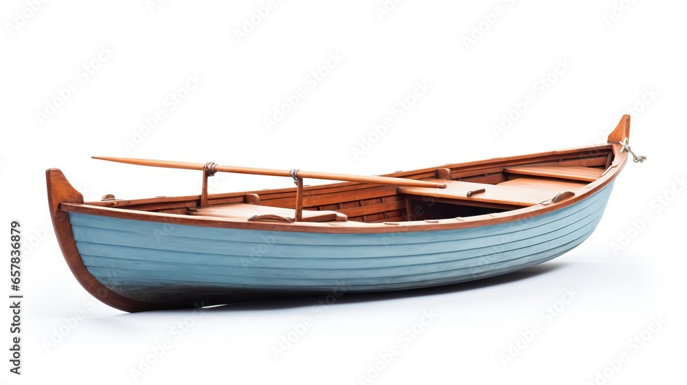 a small blue boat with a wooden oar on a white background. generative ai a small blue boat with a wooden oar on a white background. generative ai