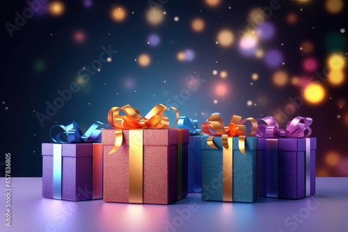Many colorful gift boxes with ribbon bow on blurred bokeh background. Present for birthday, christmas, valentines day