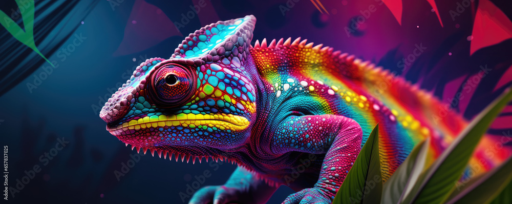 Chameleon in a dynamic pose against a colorful tropical background