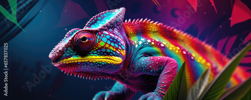 Chameleon in a dynamic pose against a colorful tropical background © thejokercze
