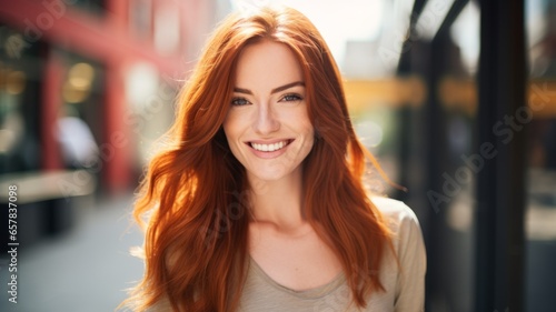 Smiling Adult White Woman with Red Straight Hair Photo. Portrait of Casual Person in City Street. Photorealistic Ai Generated Horizontal Illustration..