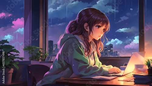 Cool Lofi girl watching  laptop at her desk Rainy or cloudy outside beautiful chill atmospheric cozy  Anime manga style colorful bright colors