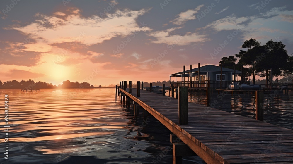 Beautiful lake water sunset with wooden dock wallpaper AI Generated art