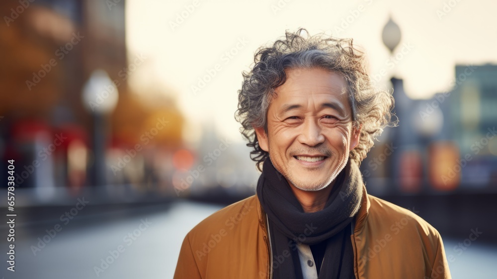 Smiling Old Chinese Man with Brown Curly Hair Photo. Portrait of Casual Person in City Street. Photorealistic Ai Generated Horizontal Illustration.. Smiling Old Chinese Man with Brown Curly Hair Photo. Portrait of Casual Person in City Street. Photorealistic Ai Generated Horizontal Illustration..