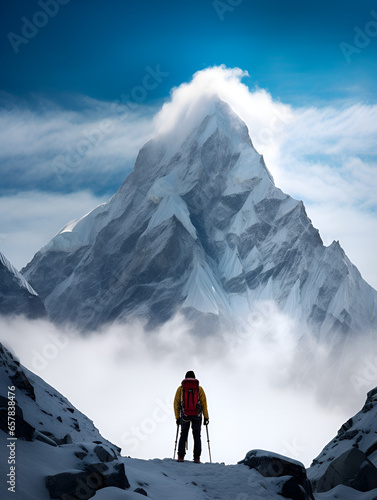 A back view of a climber hiking in snow covered mountains, extreme winter sport