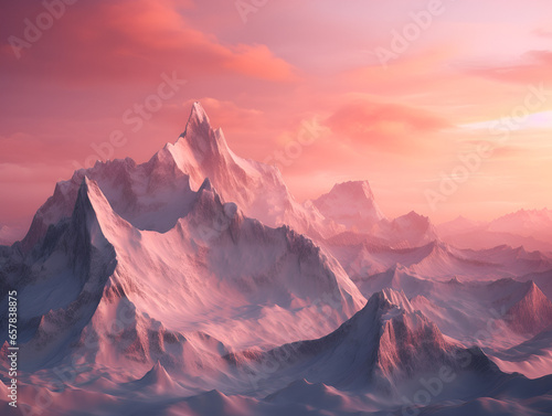 Beautiful soft pink sunset with snowy mountains, landscape background