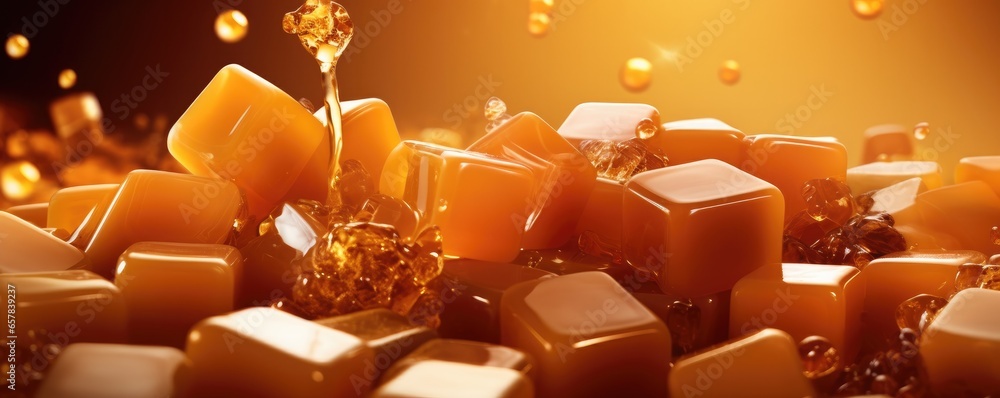 Tasty delicious caramel candies in a pile. Generative AI. - obrazy, fototapety, plakaty 