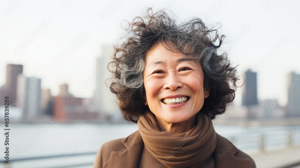 Smiling Old Chinese Woman with Brown Curly Hair Photo. Portrait of Casual Person in City Street. Photorealistic Ai Generated Horizontal Illustration.. - obrazy, fototapety, plakaty 