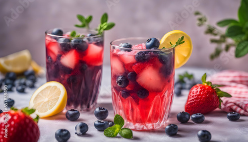 Berry drink with crushed ice and thyme. Strawberry and blueberry lemonade.