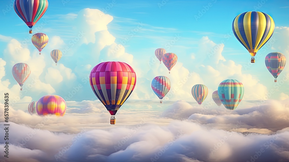 Fototapeta premium a bunch of hot air balloons flying in the sky above the clouds. generative ai