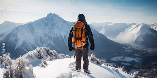 A back view of a climber hiking in snow covered mountains, extreme winter sport